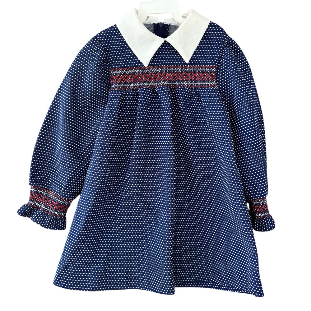 Vintage Smocked Long Sleeve Girl Dress 3T Blue White Polka Dots Point Collar